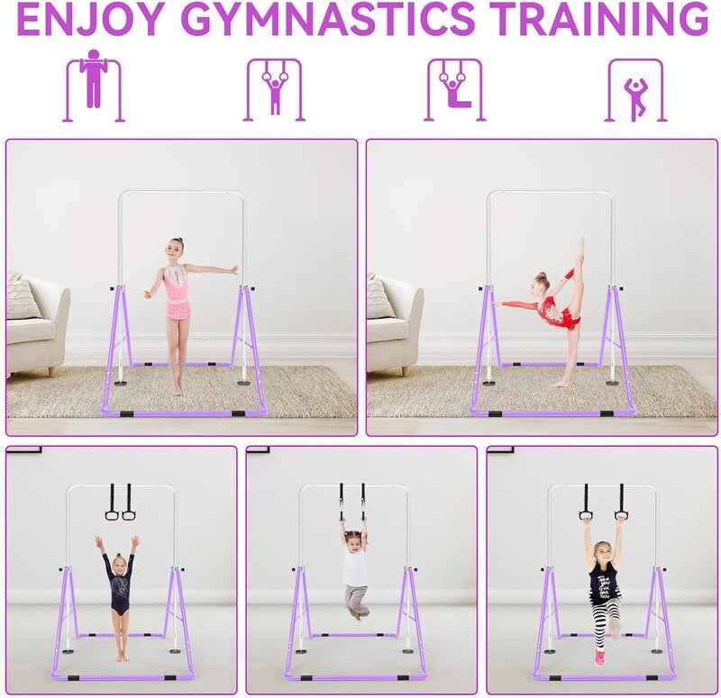 FINME Gymnastics Bar for Kids with Gymnastics Rings, Height Adjustable Gymnastics Horizontal Bar, Foldable Bar Gymnastics Equipment for Home Room Indoor Outdoor Gym Practics, Gymnastic Bar - Image 5
